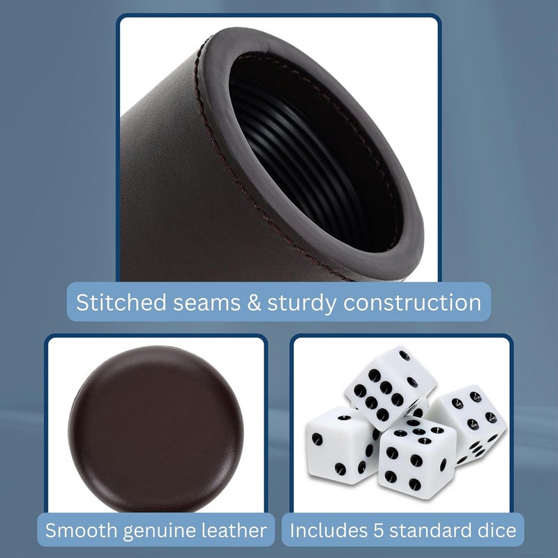 WE Games Professional, Handmade Dark Brown Leather Dice Cup Set - 5 Dice & Cloth Carry Bag - Image 4